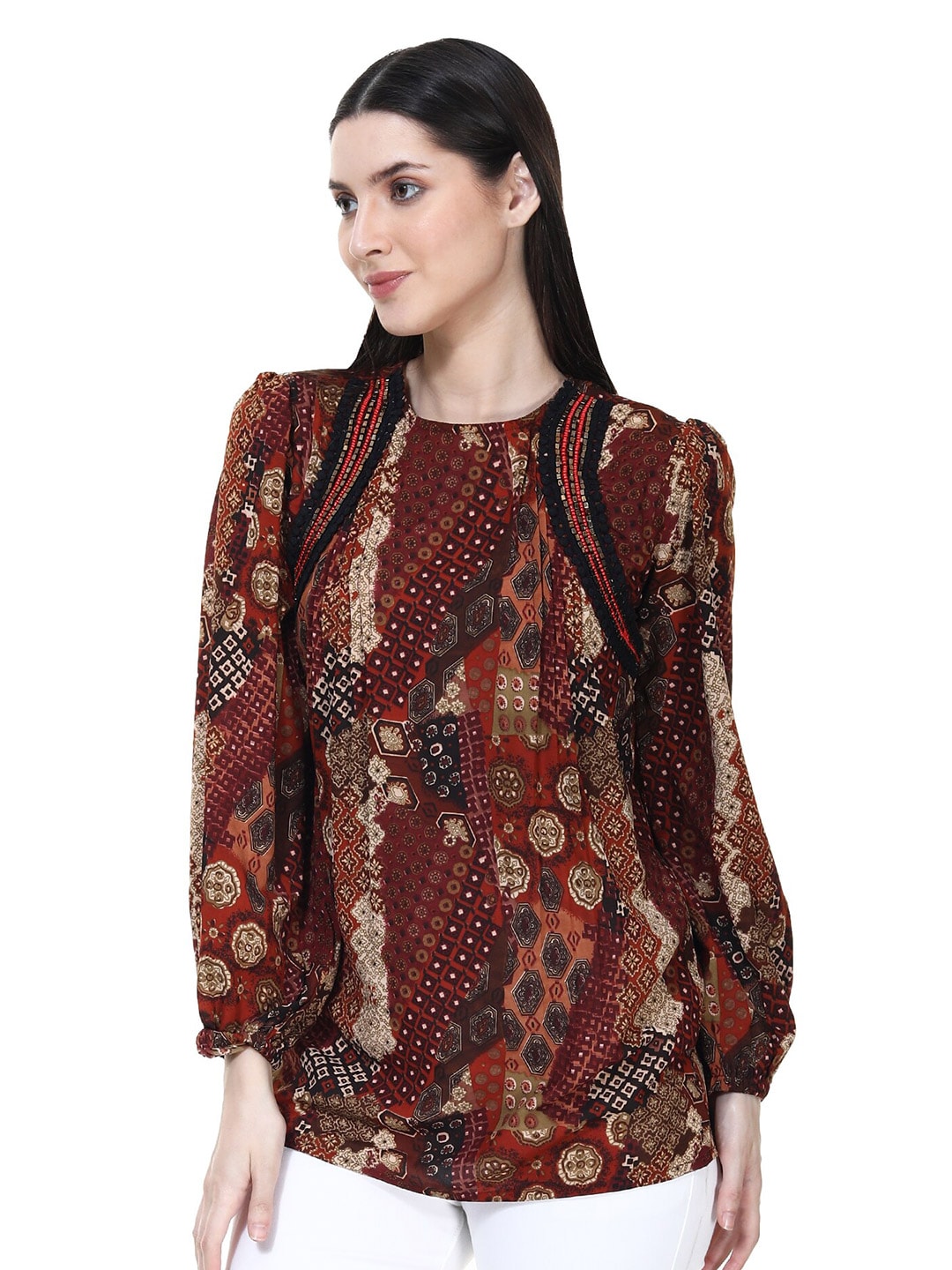 TSM Floral Printed Puff Sleeves Lace Up Regular Top Price in India