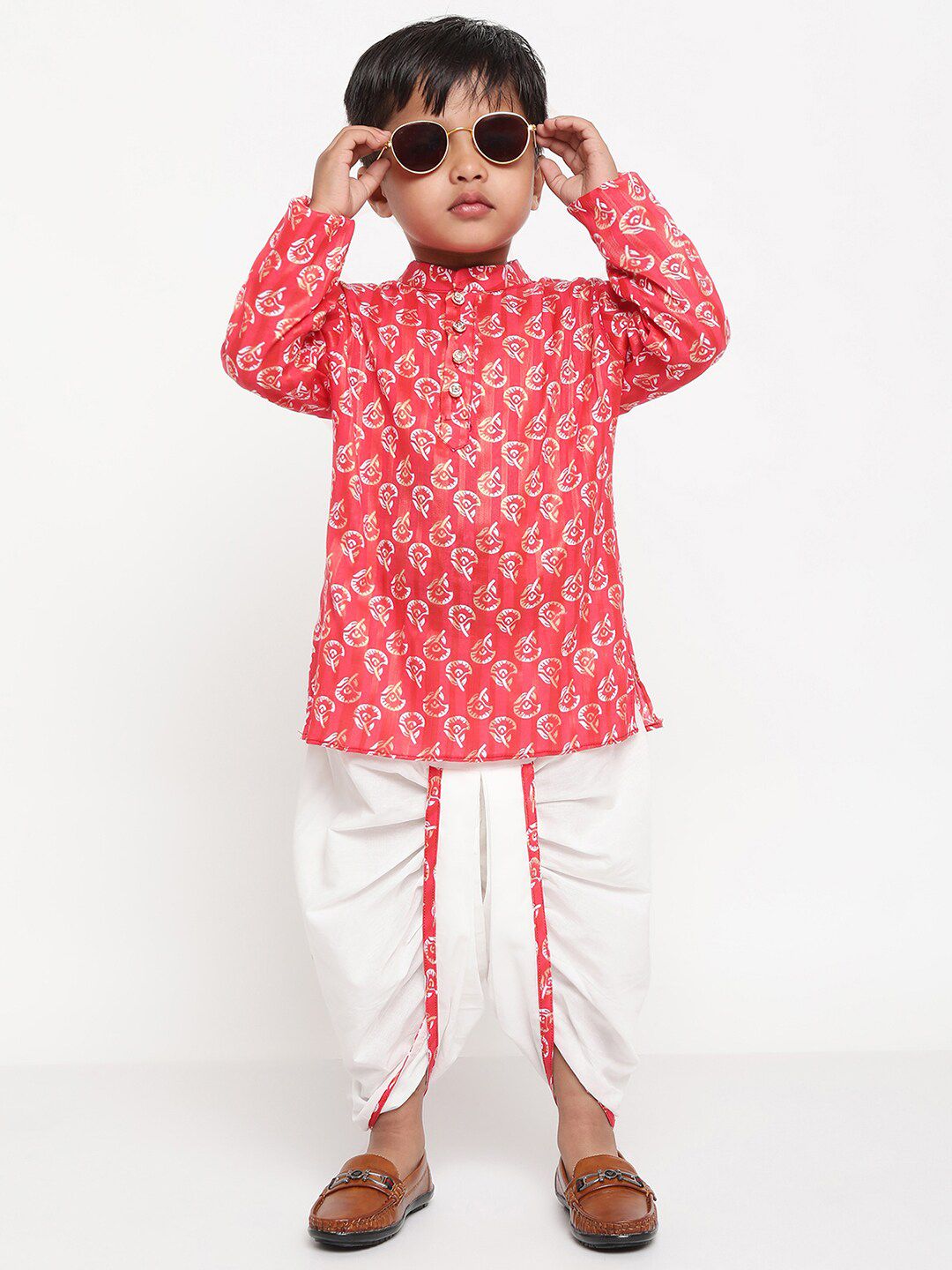 Stuffie Land Boys Printed Mandarin Collar Straight Kurta with Dhoti Pants