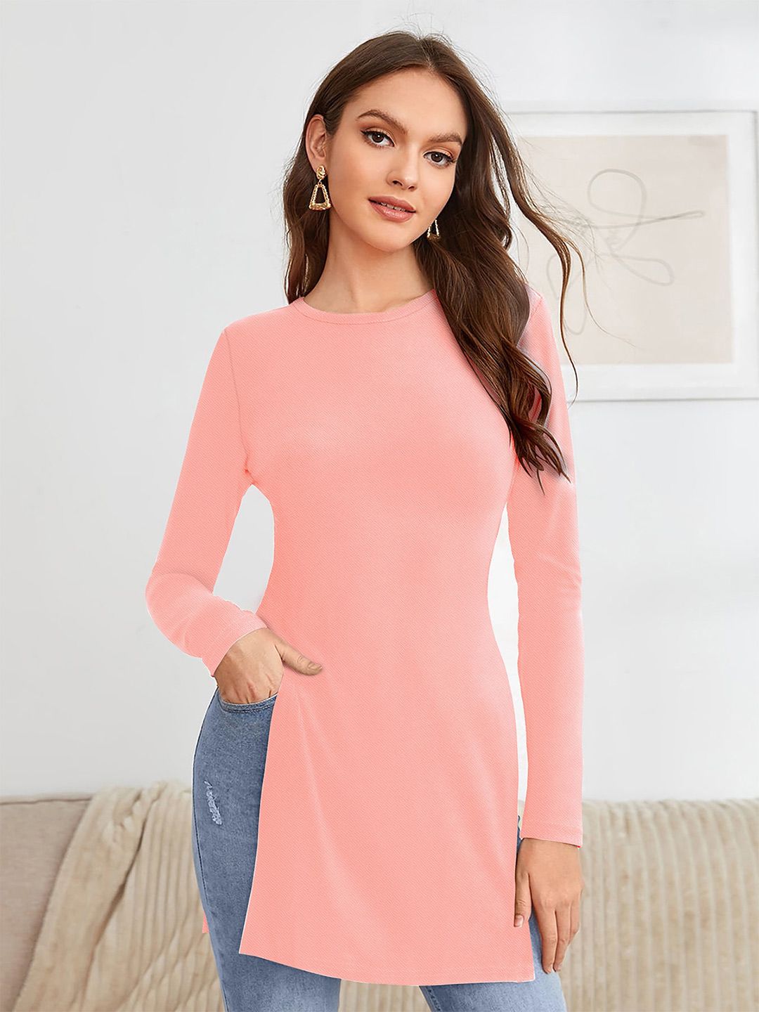 FAVRIZ Round Neck Long Sleeves Longline Top Price in India