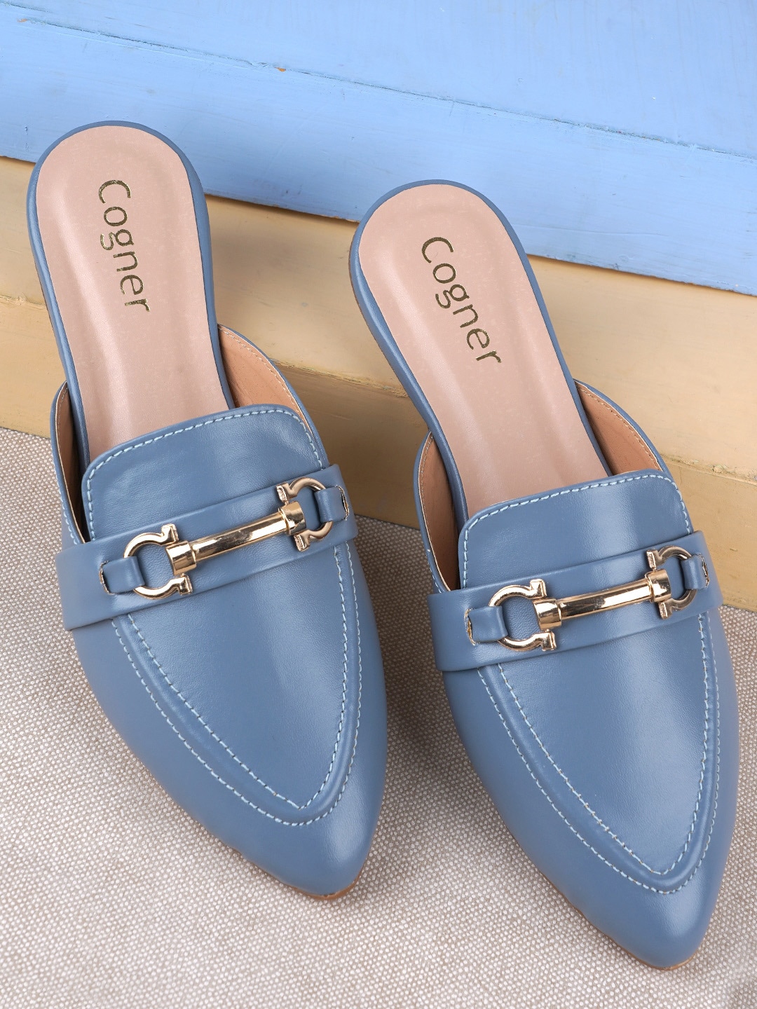 Cogner Women Blue Textured Mules with Buckles Flats Price in India