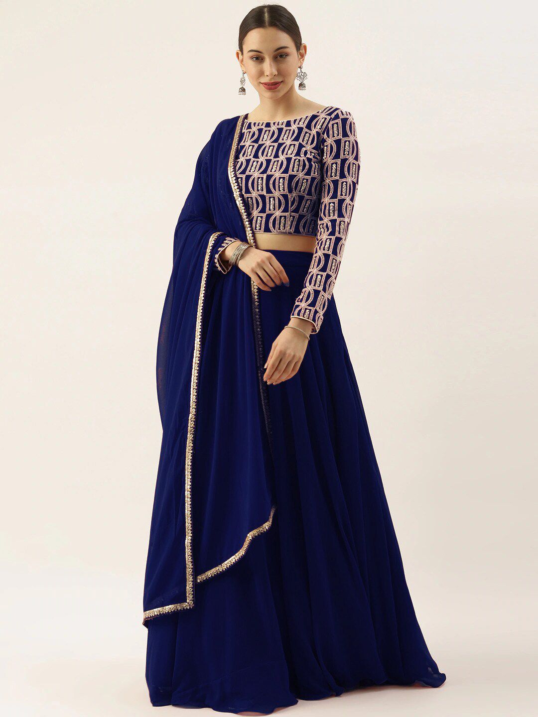 FABPIXEL Blue & Gold-Toned Embroidered Thread Work Semi-Stitched Lehenga & Unstitched Blouse With Dupatta Price in India