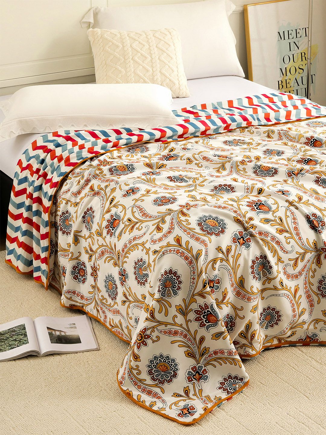 AC Room 150 GSM Single Bed Dohar Story@home White & Red Floral AC Room 150 GSM Cotton Reversible Single Bed Dohar