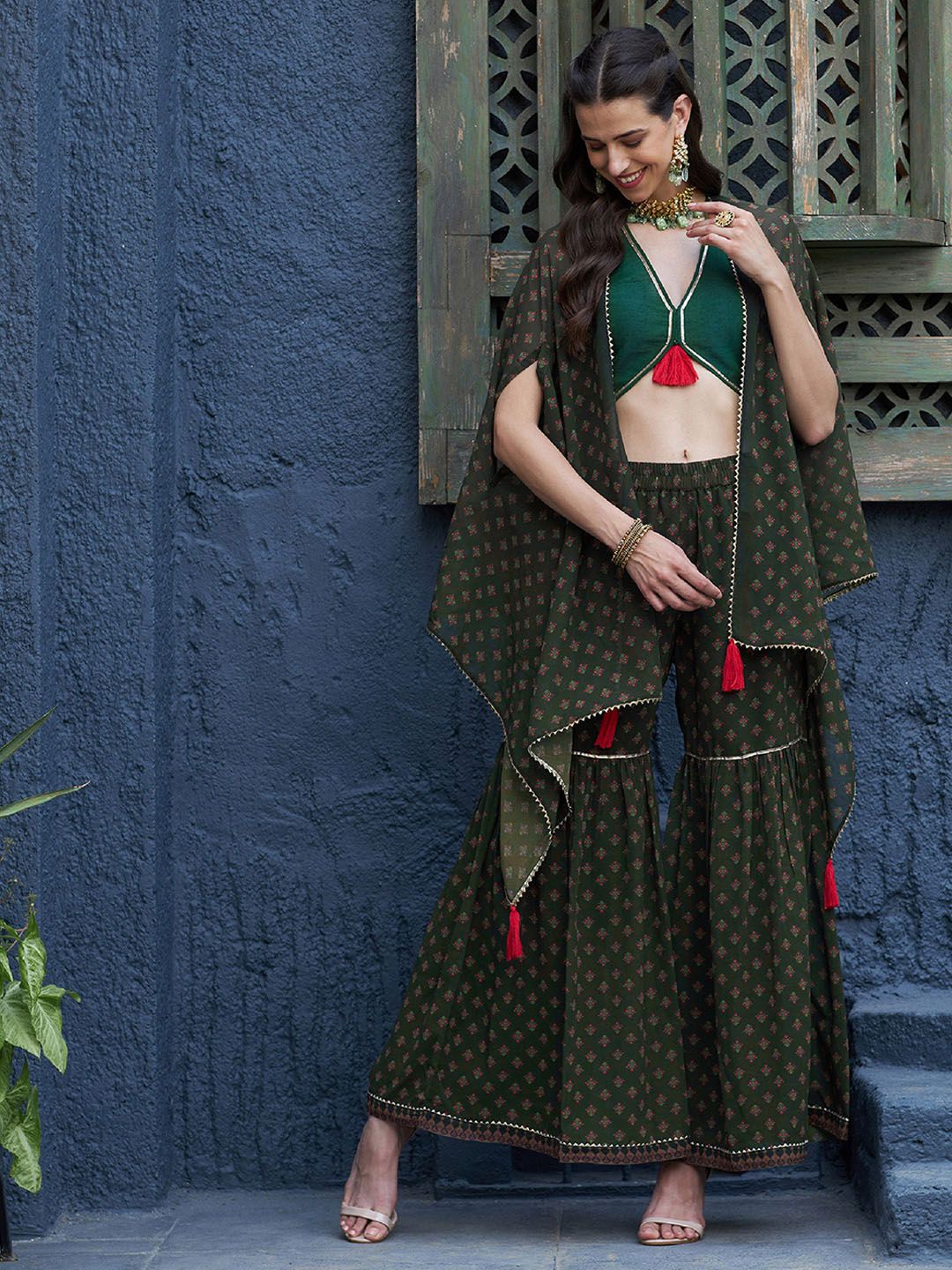 Buy Shae by SASSAFRAS Floral Printed V-Neck Crop Top & Sharara