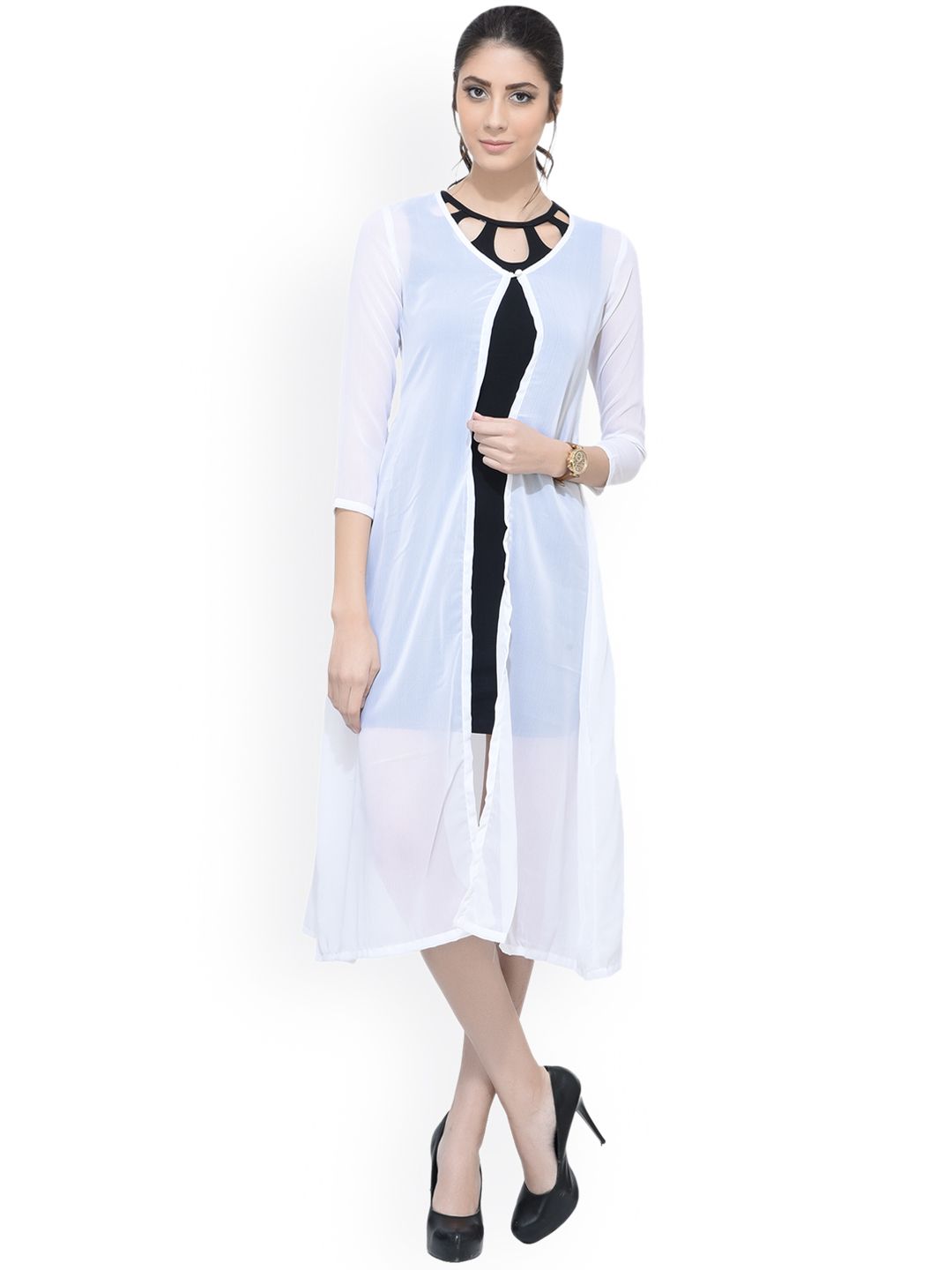 SCORPIUS White Solid Open Front Longline Shrug Price in India