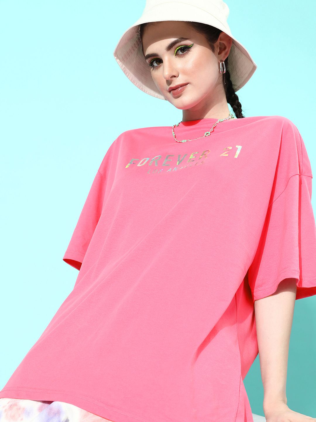 FOREVER 21 Women Brand Logo Printed Drop-Shoulder Sleeves Pure Cotton Relaxed Fit T-shirt Price in India