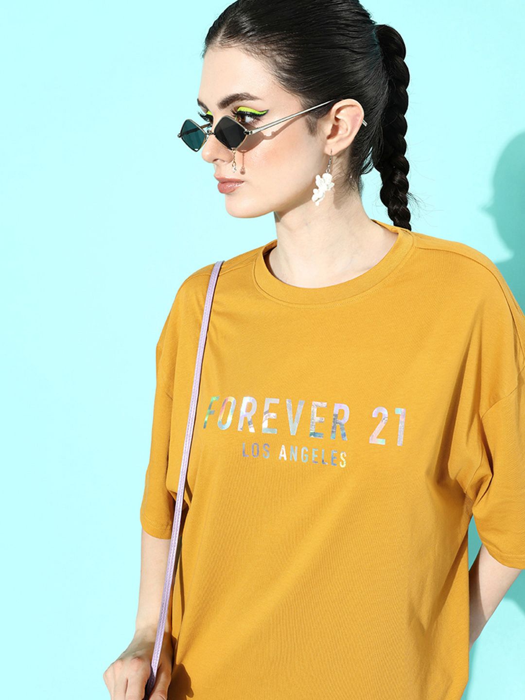 FOREVER 21 Women Brand Logo Printed Drop-Shoulder Sleeves Pure Cotton T-shirt Price in India