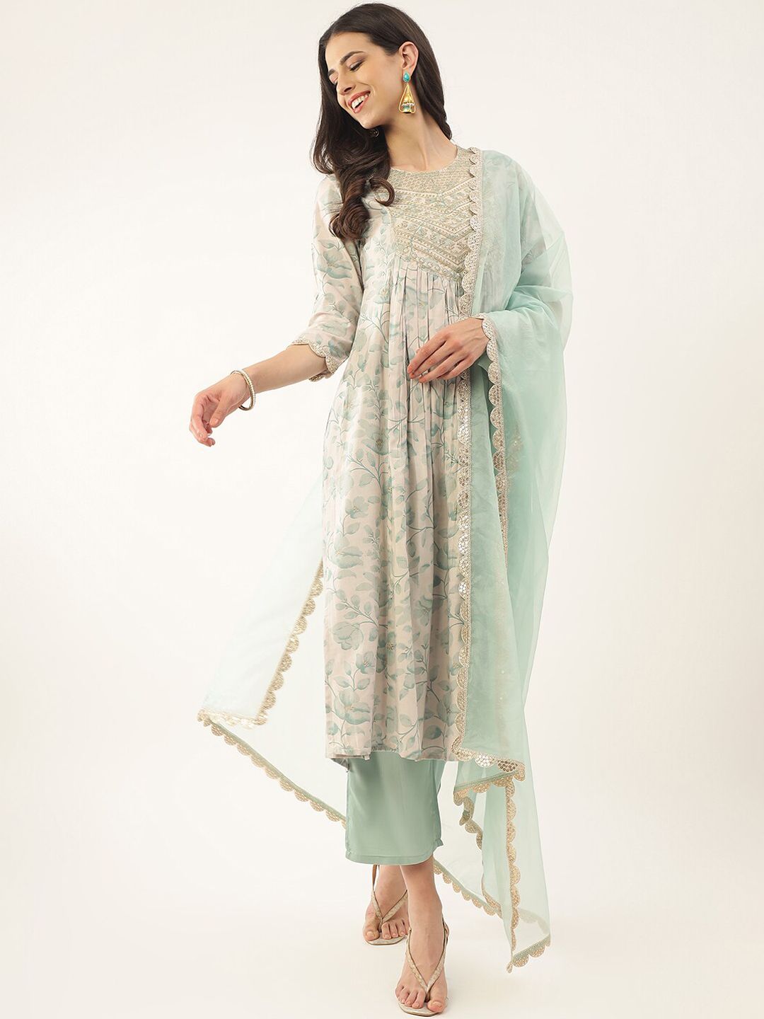 Khushal K Floral Printed Empire Thread & Mirror Work Kurta with Palazzos & Dupatta Price in India