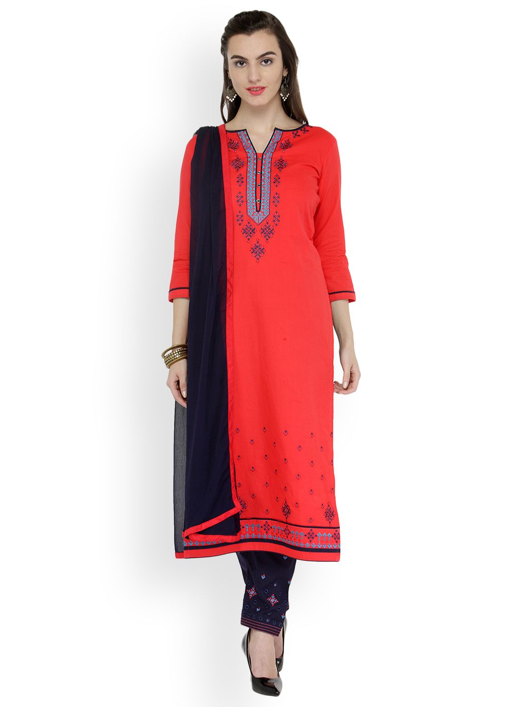 Kvsfab Coral & Navy Blue Cotton Blend Unstitched Dress Material Price in India