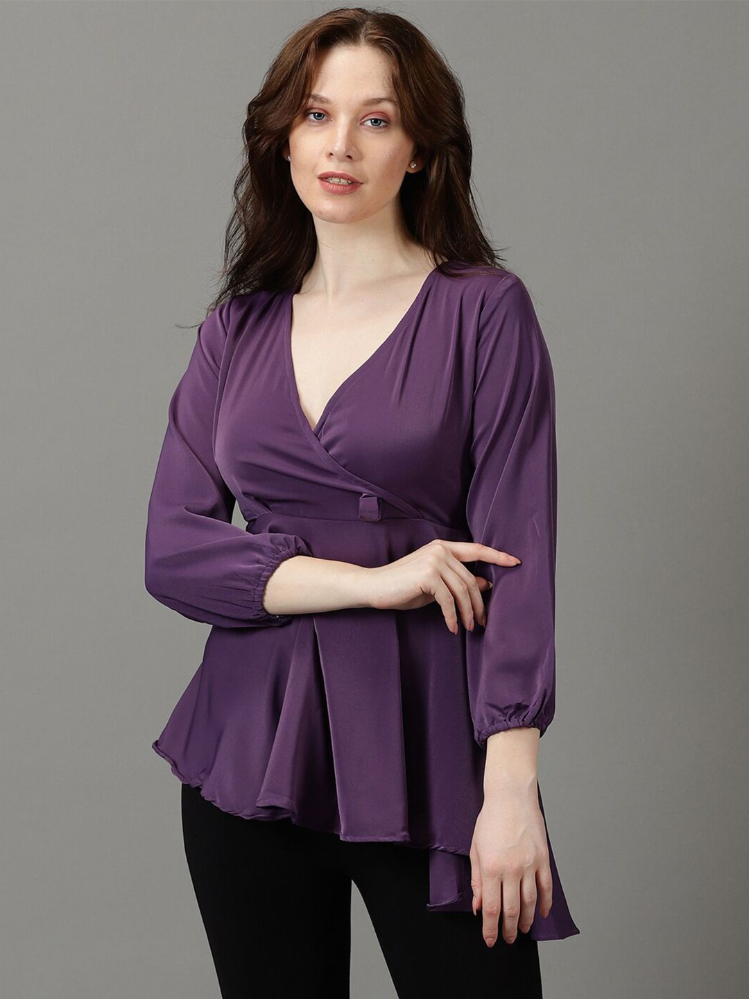 SHOWOFF V-Neck Asymmetrical Hem Bishop Sleeve Satin Wrap Top Price in India