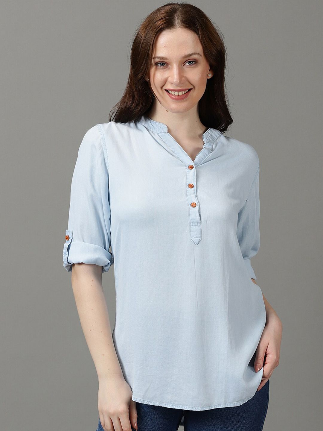 SHOWOFF Mandarin Collar Roll-Up Sleeves Cotton Shirt Style Top Price in India