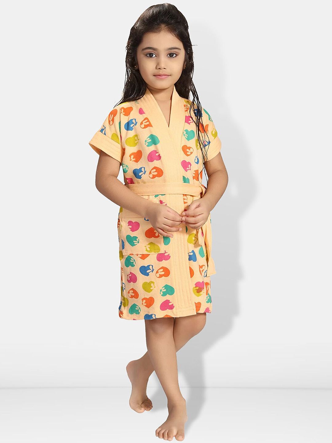 Be You Hearts Peach Conversational Cotton Drawstring Knee Length Bath Robe