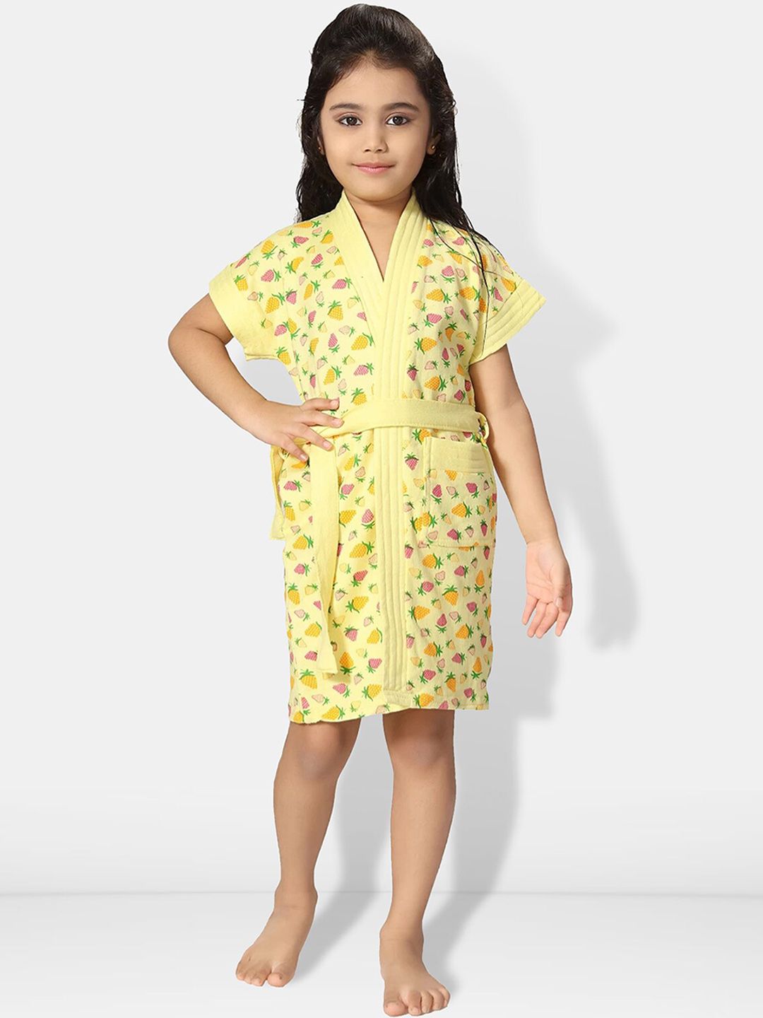Be You Strawberry Printed Yellow Conversational Cotton Drawstring Knee Length Bath Robe
