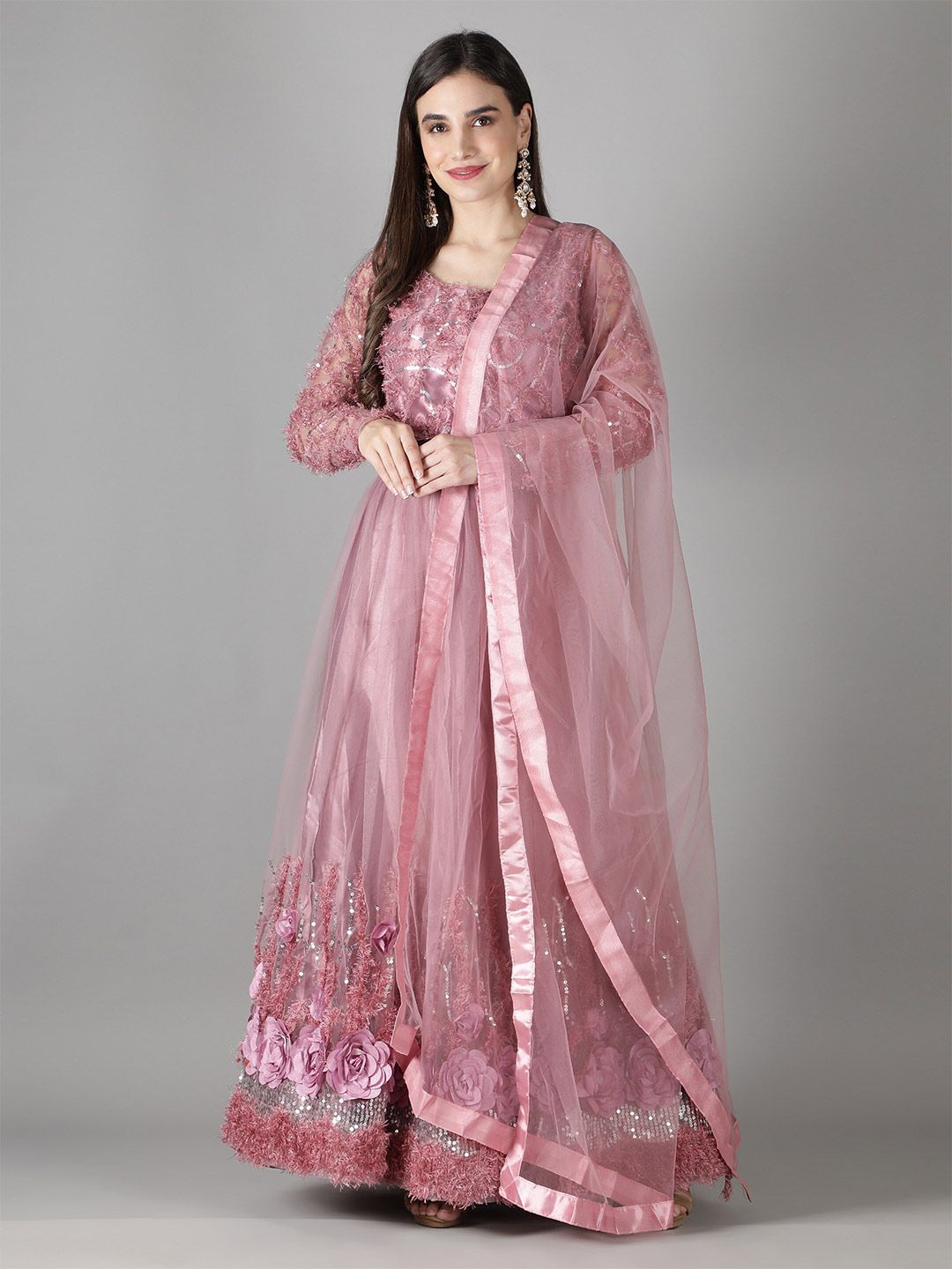 Bollyclues Pink & Gold-Toned Embellished Semi-Stitched Lehenga & Unstitched Blouse With Dupatta Price in India