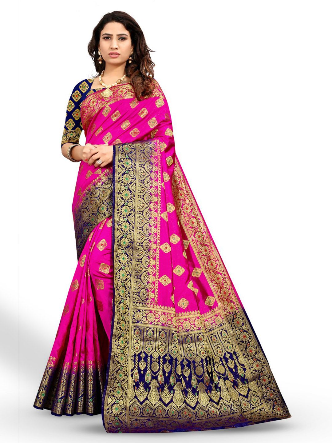 ZEEPKART Pink & Navy Blue Woven Design Zari Kanjeevaram Saree Price in India