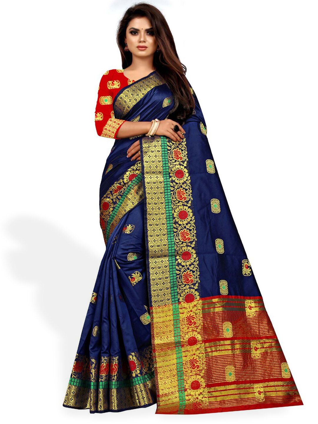 ZEEPKART Blue & Red Woven Design Zari Kanjeevaram Saree Price in India