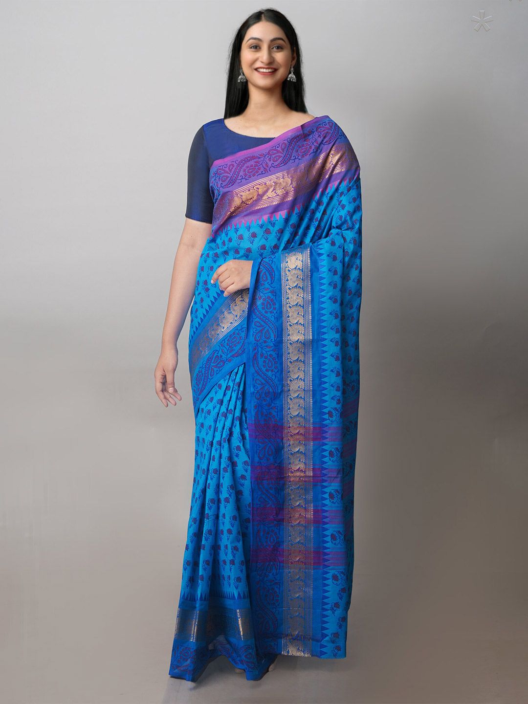 Unnati Silks Blue & Red Ethnic Motifs Zari Chettinad Saree Price in India