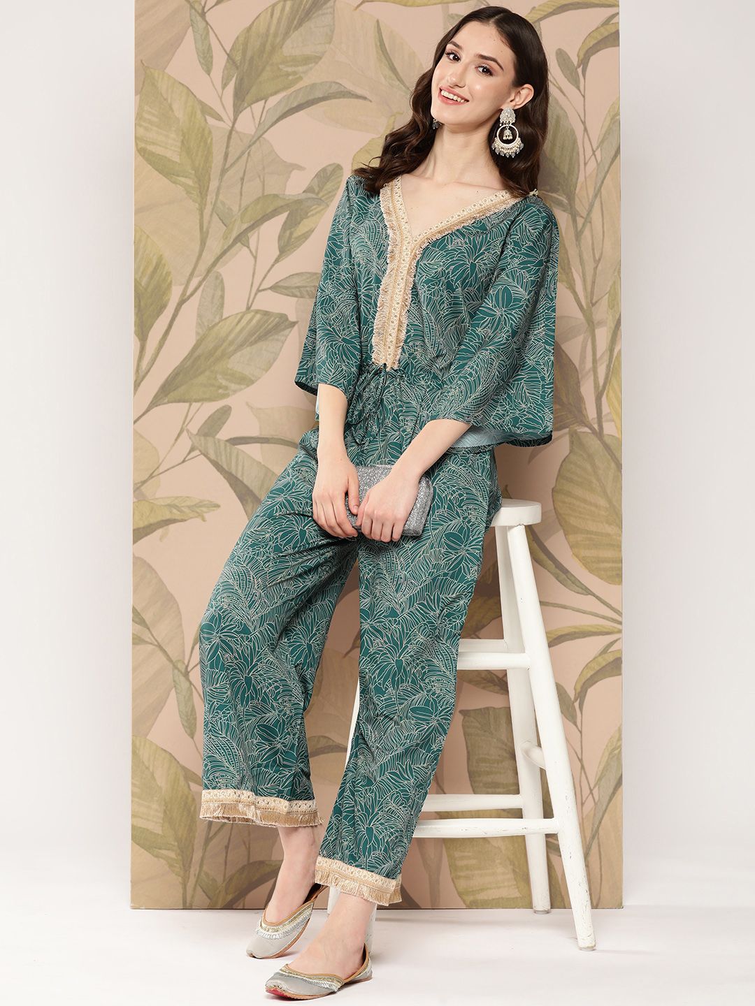 Ahalyaa Printed Basic Jumpsuit with Lace Inserts Price in India