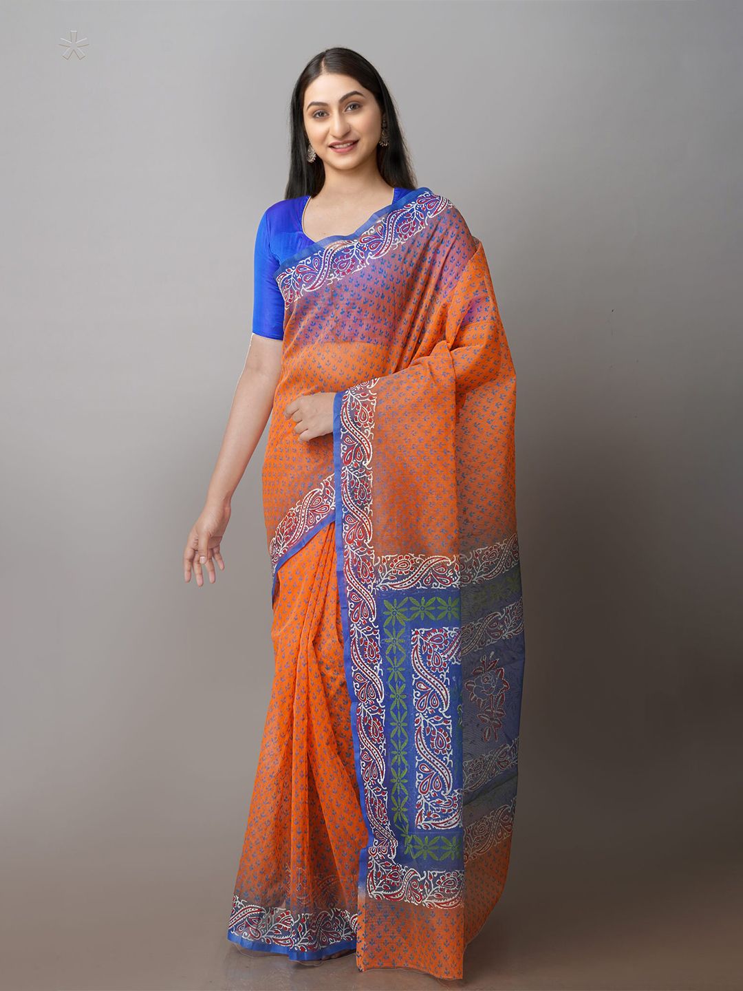 Unnati Silks Orange & Blue Ethnic Motifs Net Block Print Saree Price in India