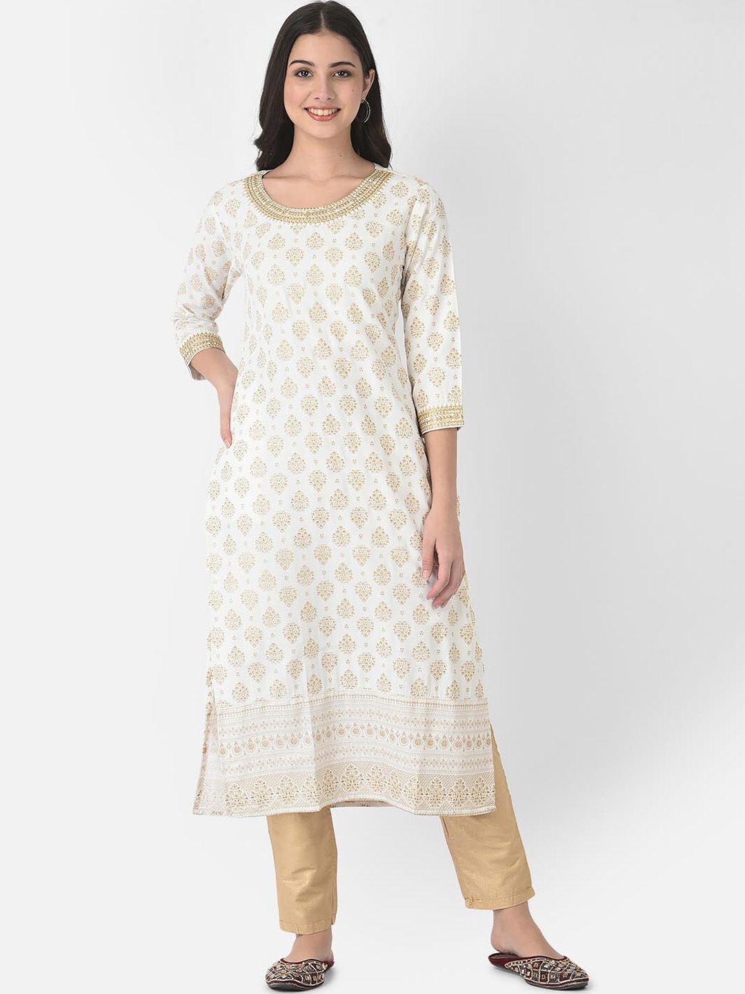 Span Women White Ethnic Motifs Printed Flared Sleeves Sequinned Summer Sheers Kurta Price in India