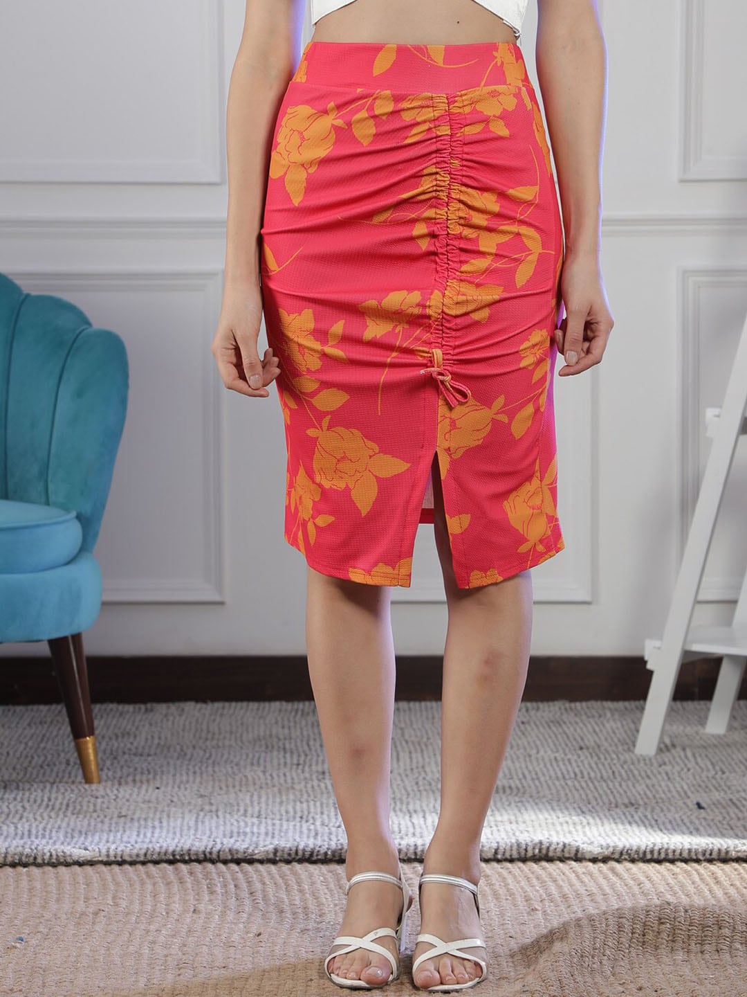 NEUDIS Women Printed Knee-Length Rauched Pencil Skirt Price in India