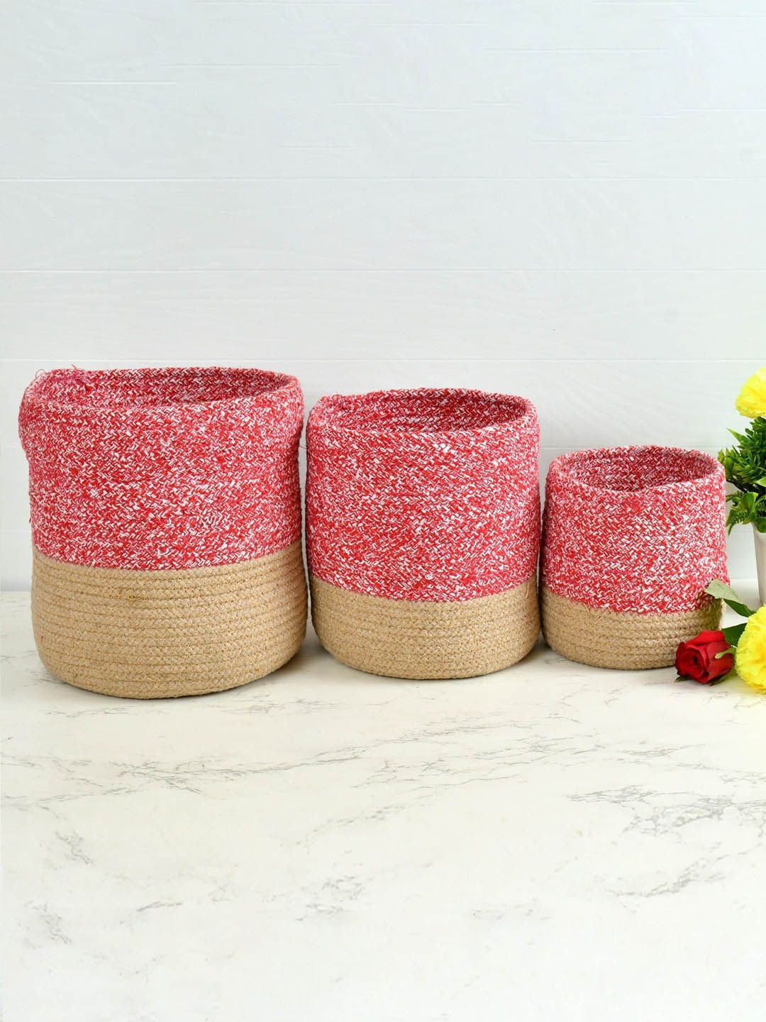 Homefab India Red & Beige 3 Pieces Braided Woven Cotton Planter Baskets
