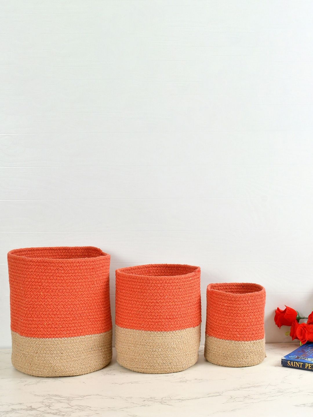 Homefab India Orange & Brown 3 Pieces Jute & Cotton Woven Design Planters Baskets