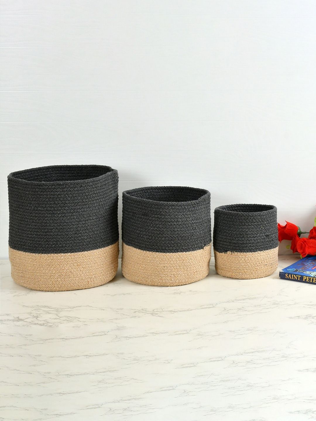 Homefab India Dark Grey & Brown 3 Pieces Braided Woven Cotton Planter Baskets