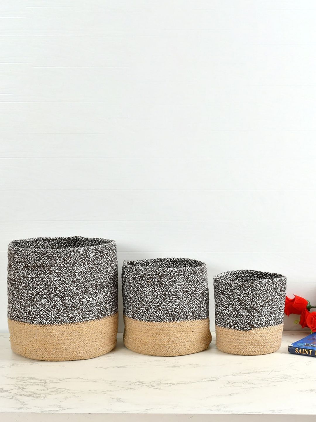 Homefab India Black & Brown 3 Pieces Braided Woven Cotton Planter Baskets