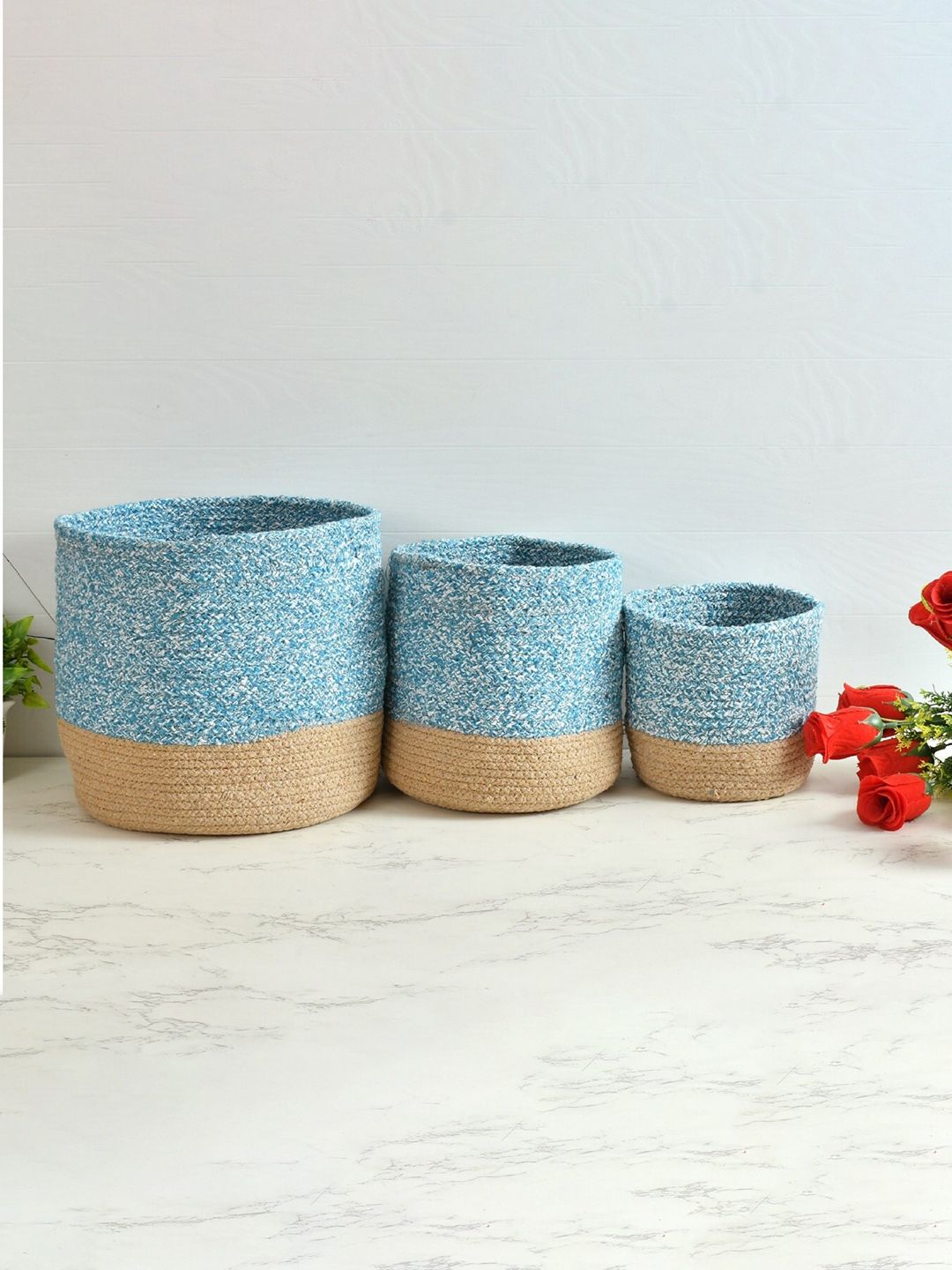 Homefab India Turquoise blue & Brown 3 Pieces Braided Woven Cotton Planter Baskets