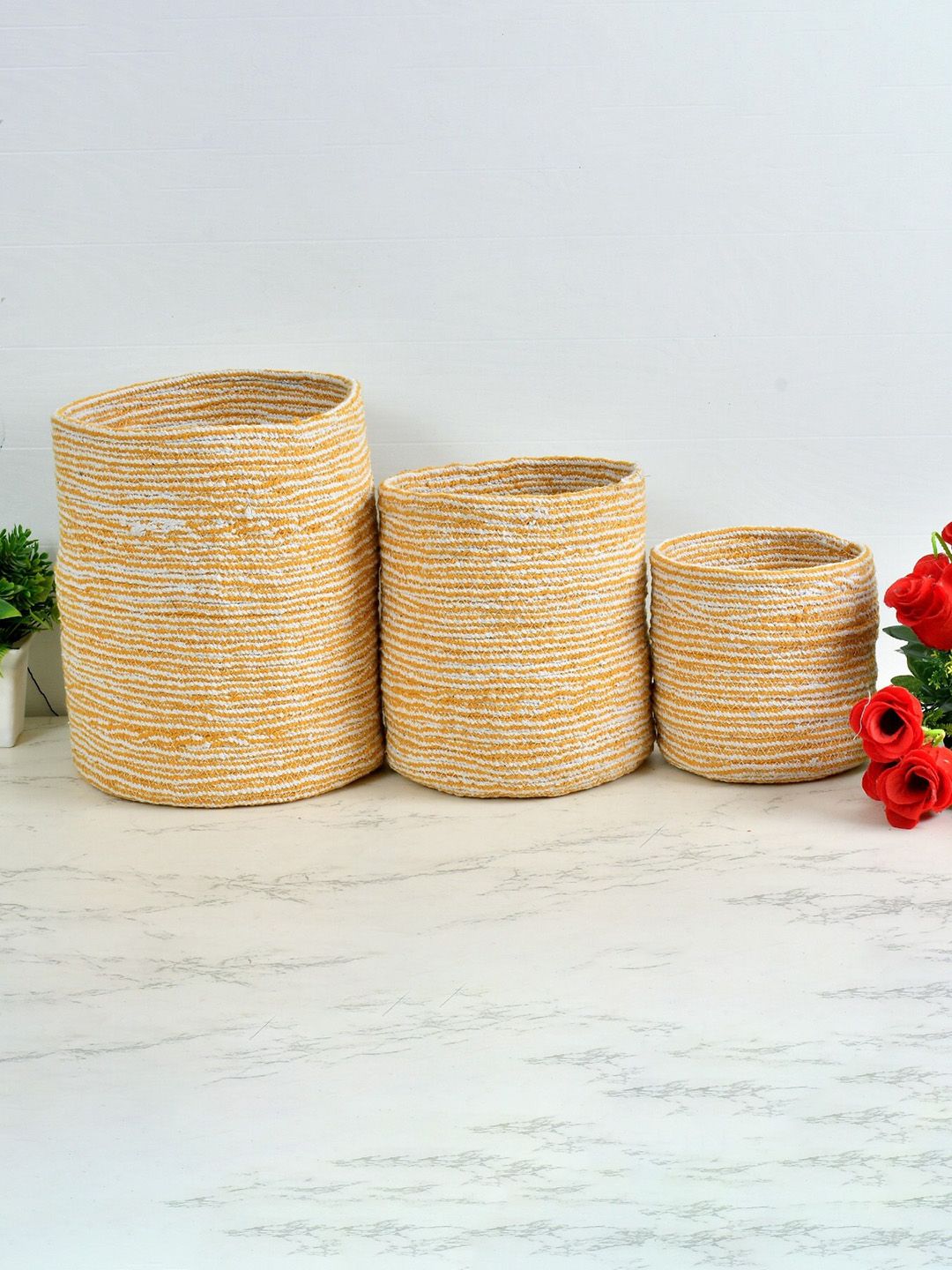 Homefab India Yellow & White 3 Pieces Braided Woven Cotton Planter Baskets
