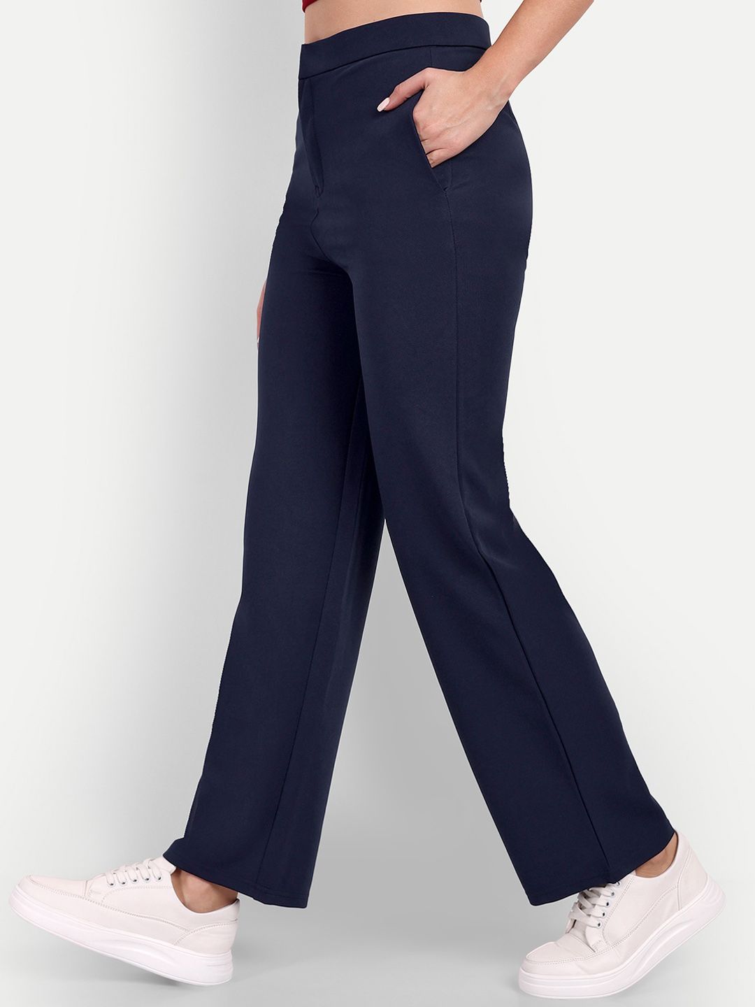 BROADSTAR Women Navy Blue Straight Fit High-Rise Easy Wash Trousers Price in India