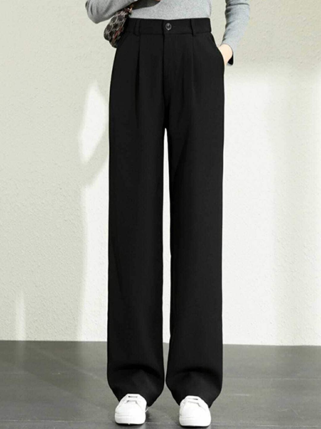Next One Women Black Loose Fit High-Rise Easy Wash Trousers Price in India