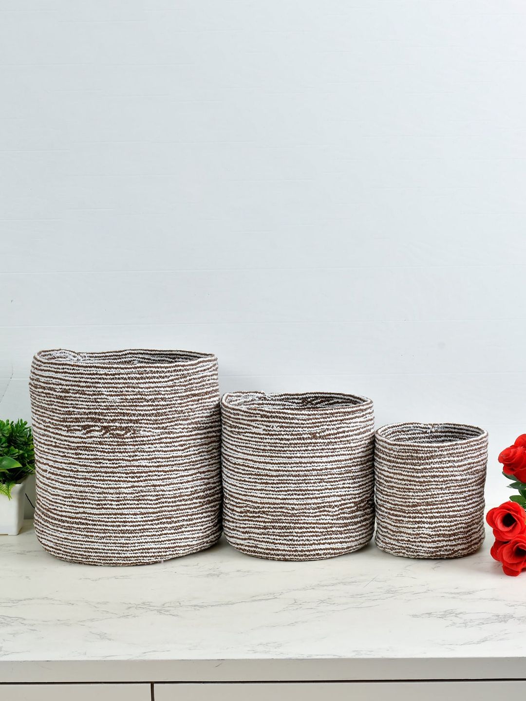 Homefab India Brown & White 3 Pieces Braided Woven Cotton Planter Baskets