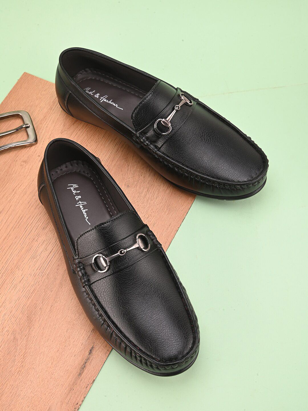 Mast & Harbour Men Black Textured Lightweight Horsebit Loafers