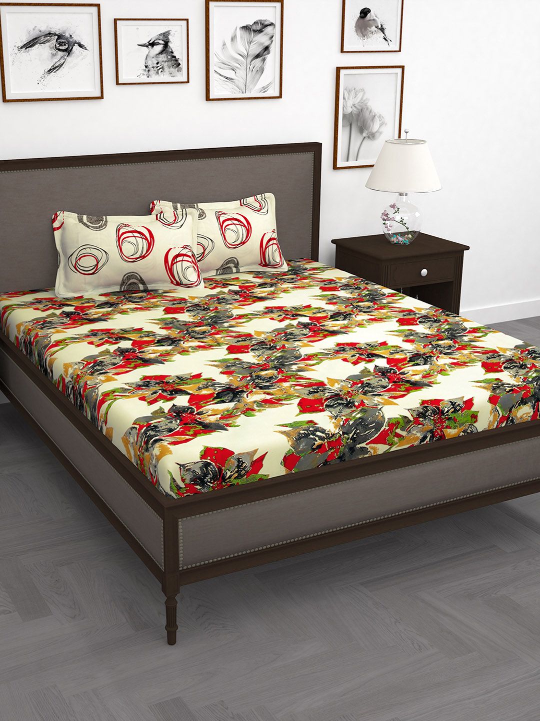 Story@home White and Red Cotton 250 TC 1 Double Bedsheet with 2 Pillow Covers Price in India