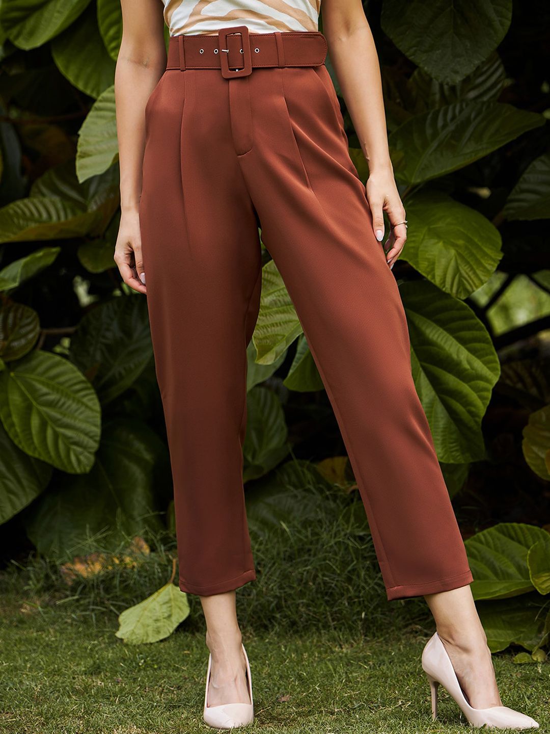 KASSUALLY Women Brown Pleated Trousers Price in India