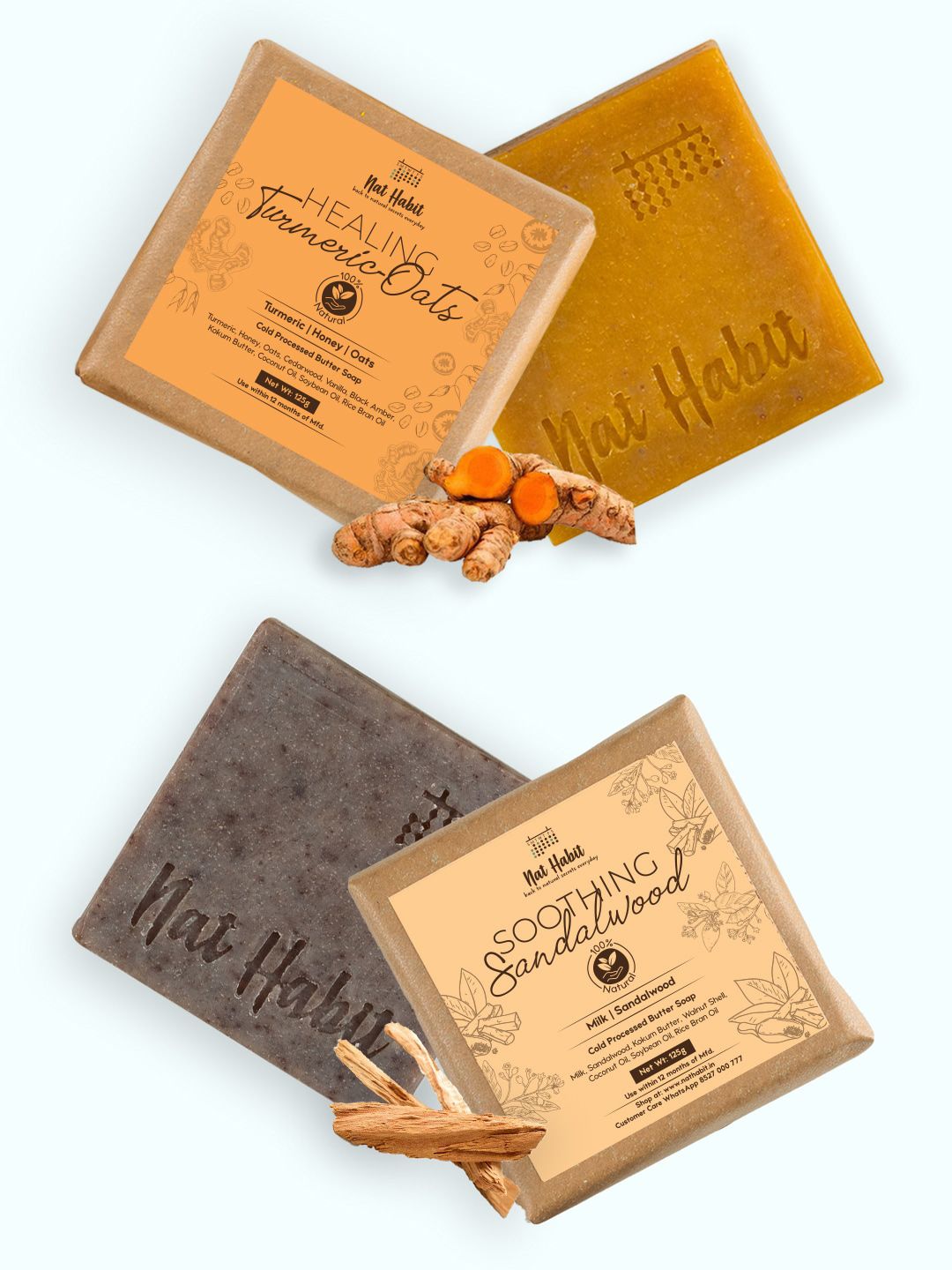 Nat Habit Set of Soothing Sandalwood  Healing Turmeric Oats Bath Soaps - 125 g Each