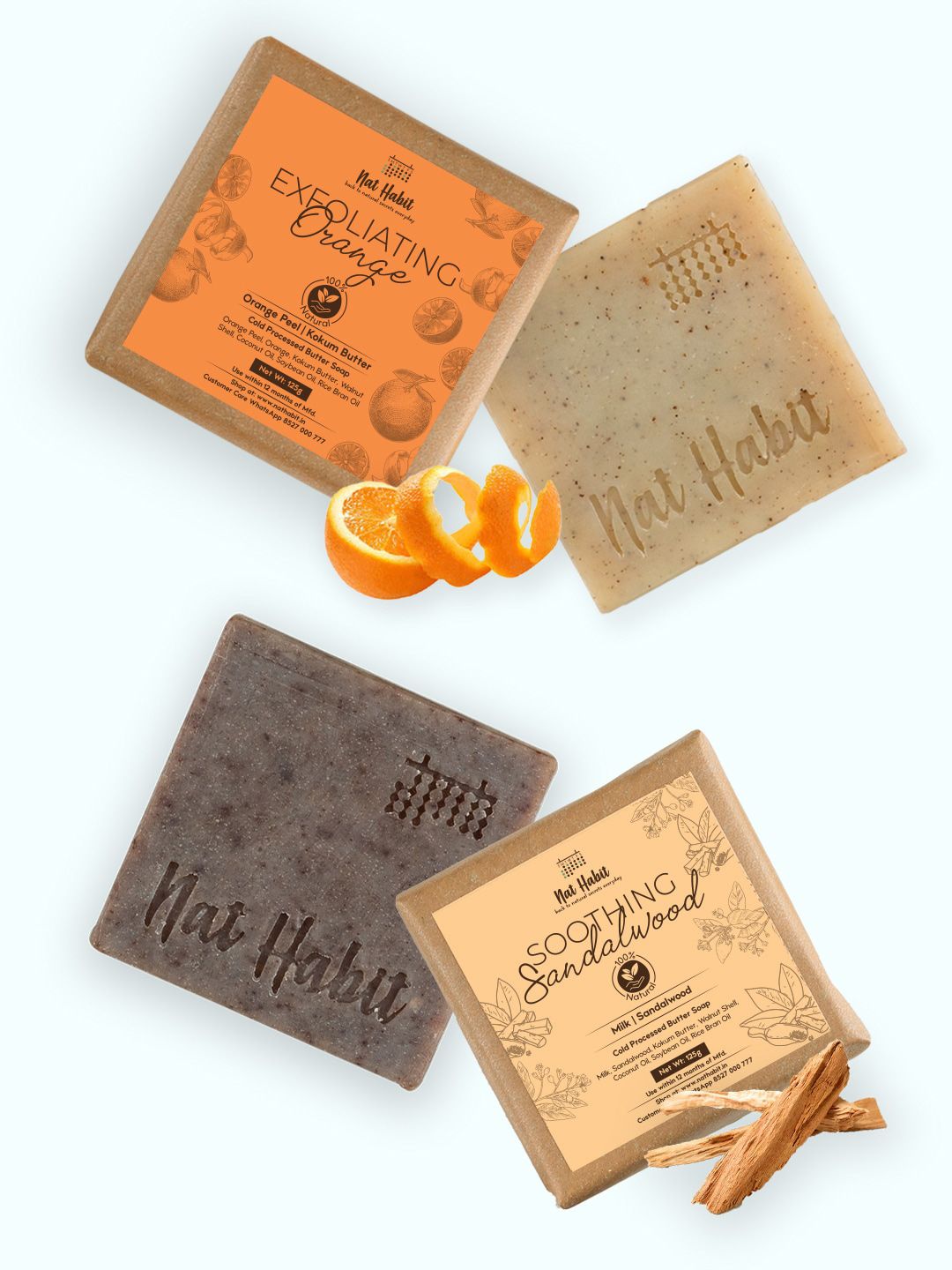 Nat Habit Set Of 2 Exfoliating Orange  Soothing Sandalwood Bath Soap Bars-125 g Each