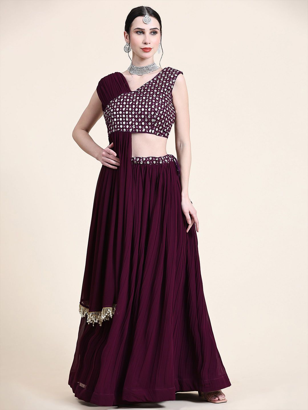 KALINI Burgundy & Gold-Toned Embellished Sequinned Ready to Wear Lehenga & Price in India