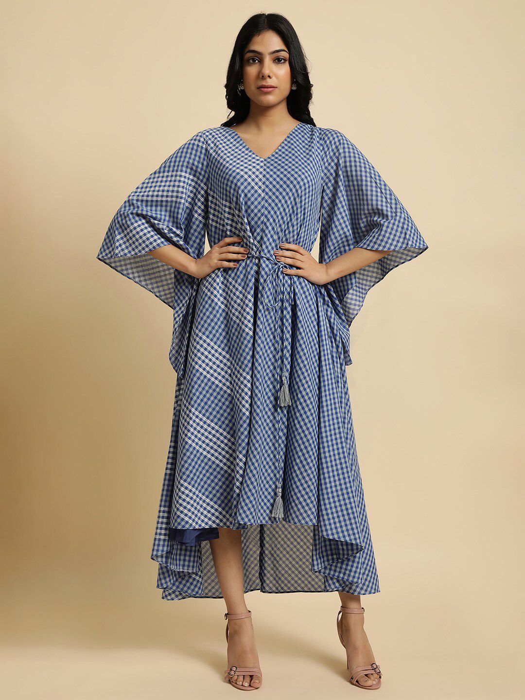 W Checked Kimono Sleeves Kaftan Midi Dress Price in India