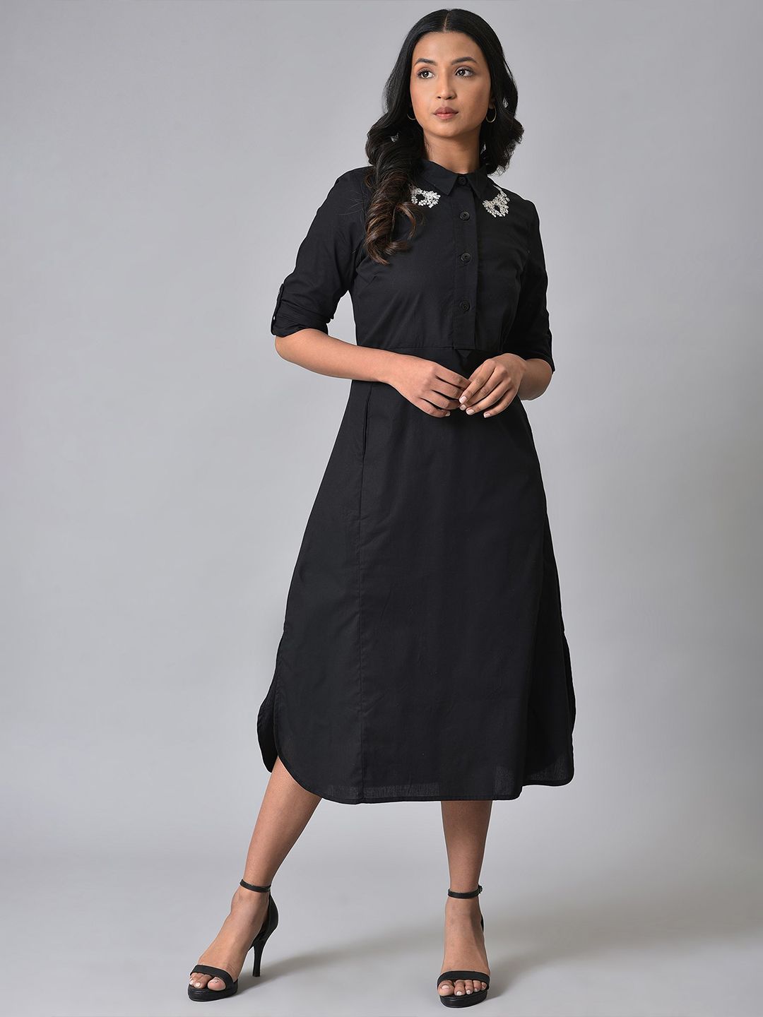 Buy W Embroidered Shirt Collar Pure Cotton A-Line Midi Dress