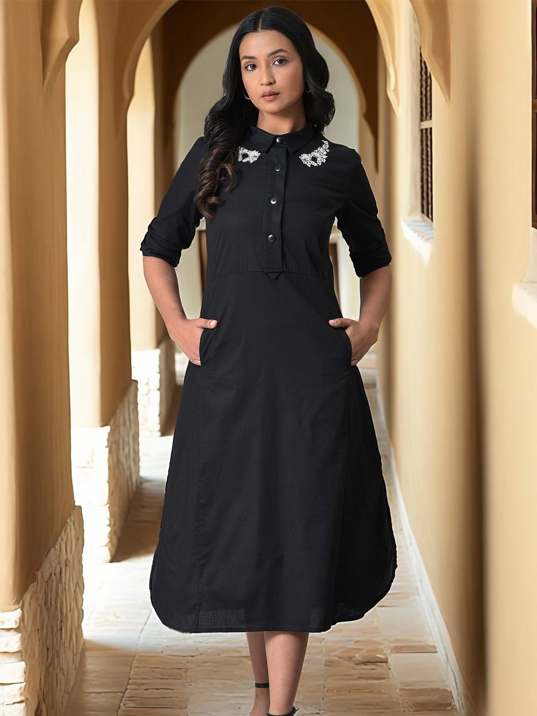 ワンピース Cotton Jersey Embroidered Collar Dress Buy W Embroidered Shirt Collar Pure Cotton A-Line Midi Dress