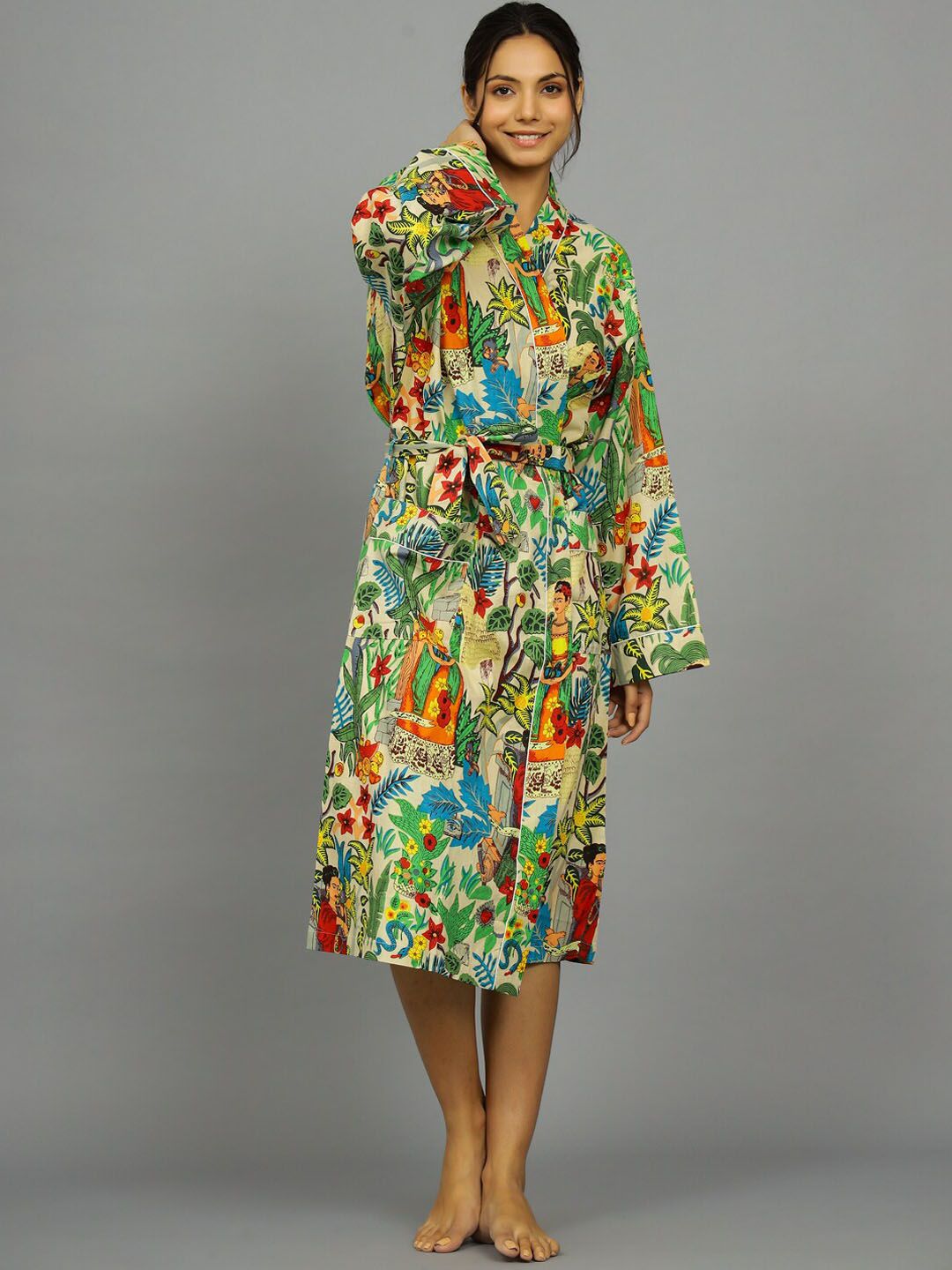 HANDICRAFT PALACE Women Printed Pure Cotton Bath Robe With Belt