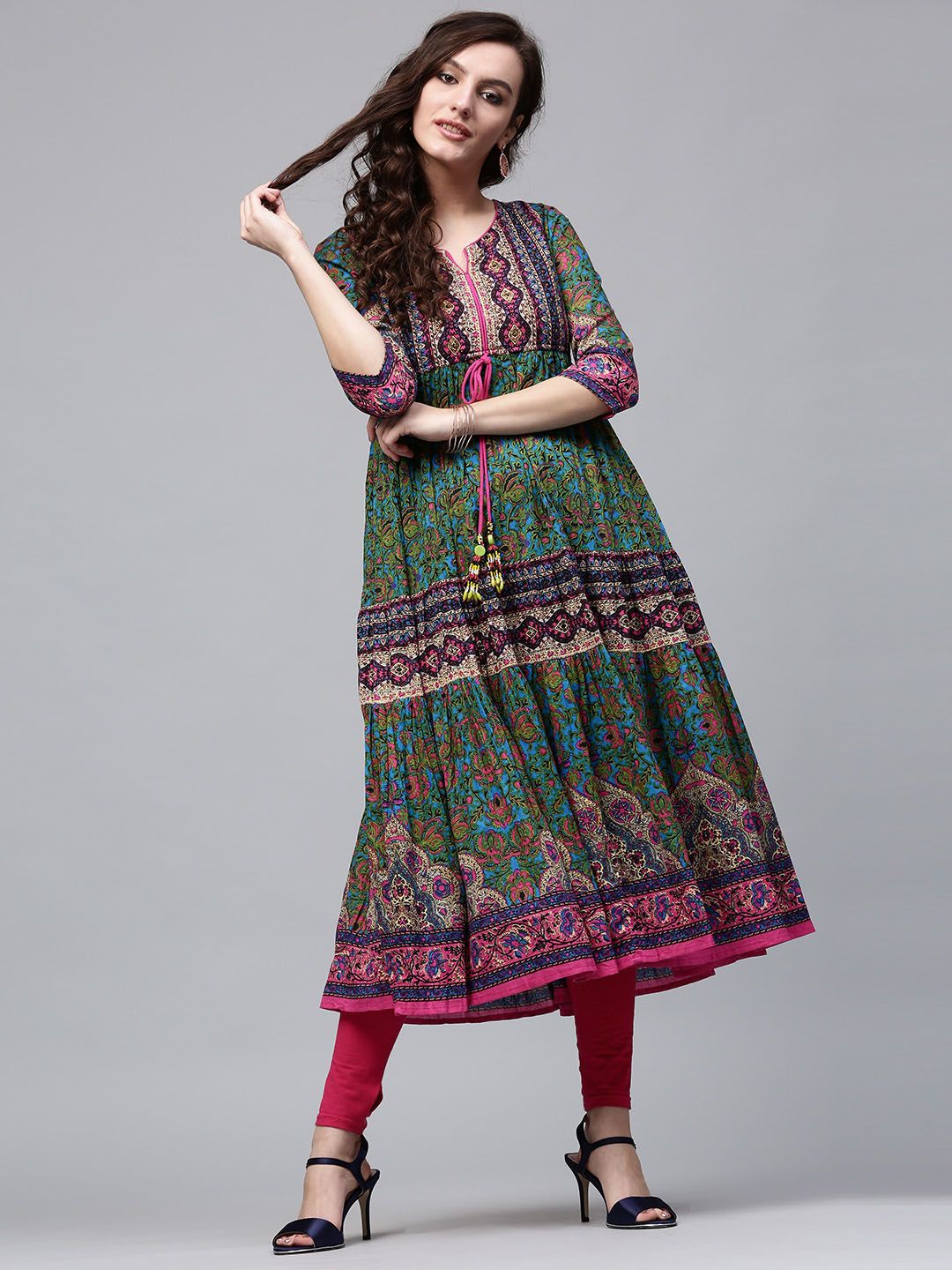 Rain & Rainbow Women Green & Pink Printed Anarkali Kurta Price in India