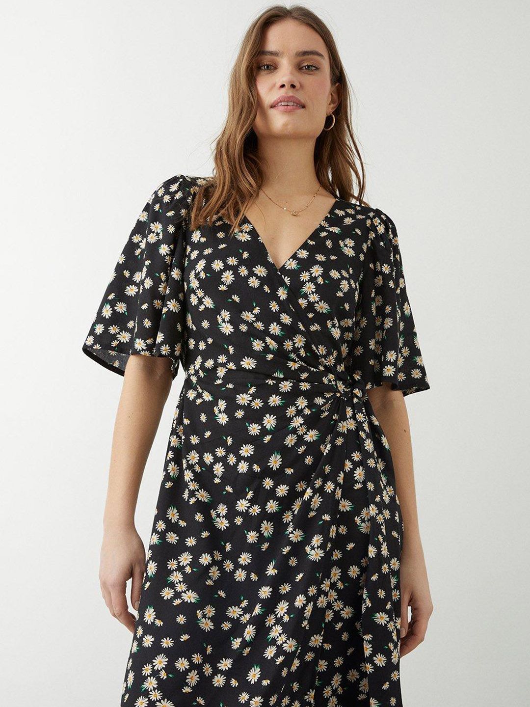 DOROTHY PERKINS Floral Print Flared Sleeves Wrap Midi Dress Price in India