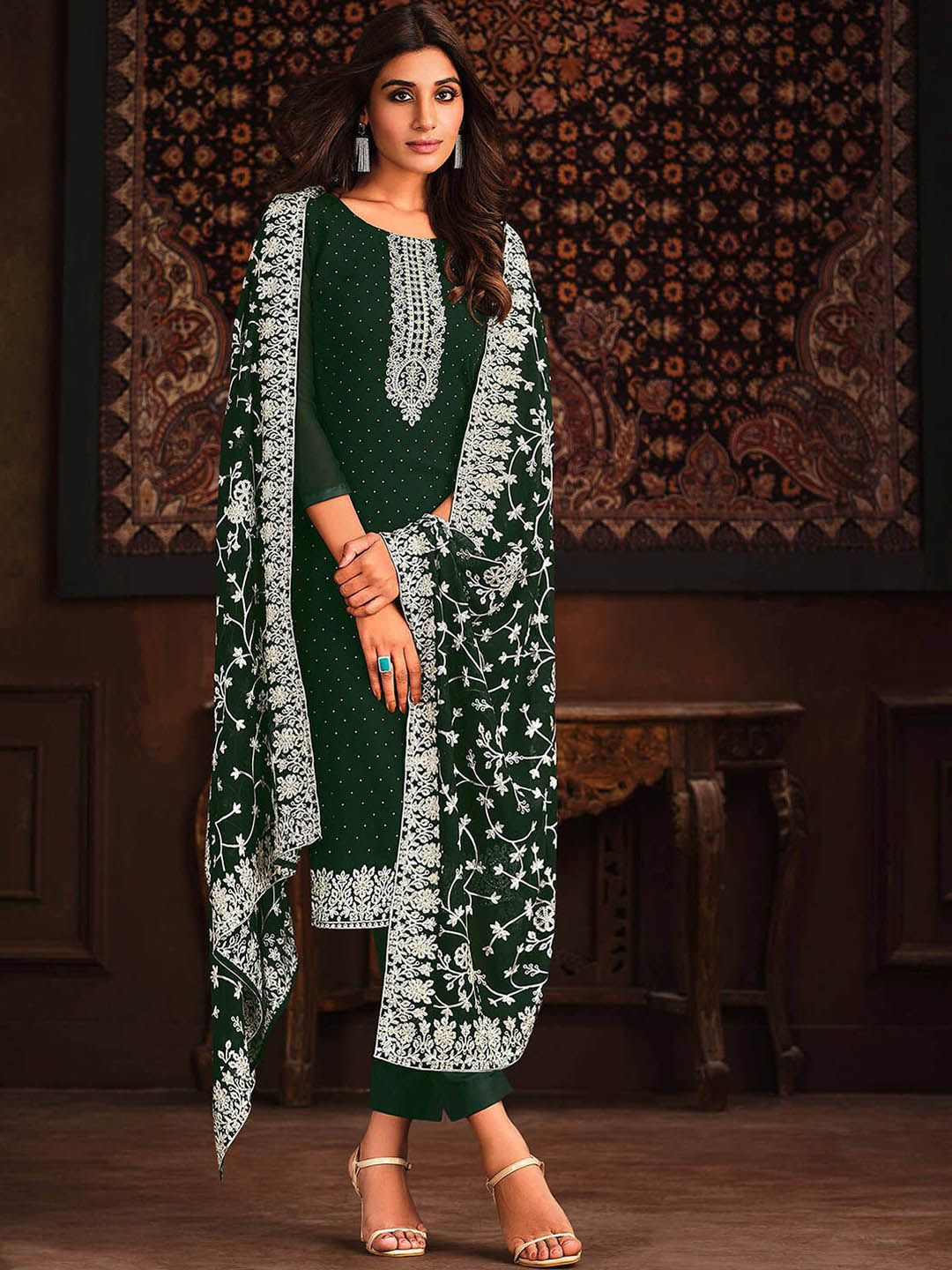 ODETTE Women Green Embroidered Regular Sequinned Kurta with Trousers & With Dupatta Price in India