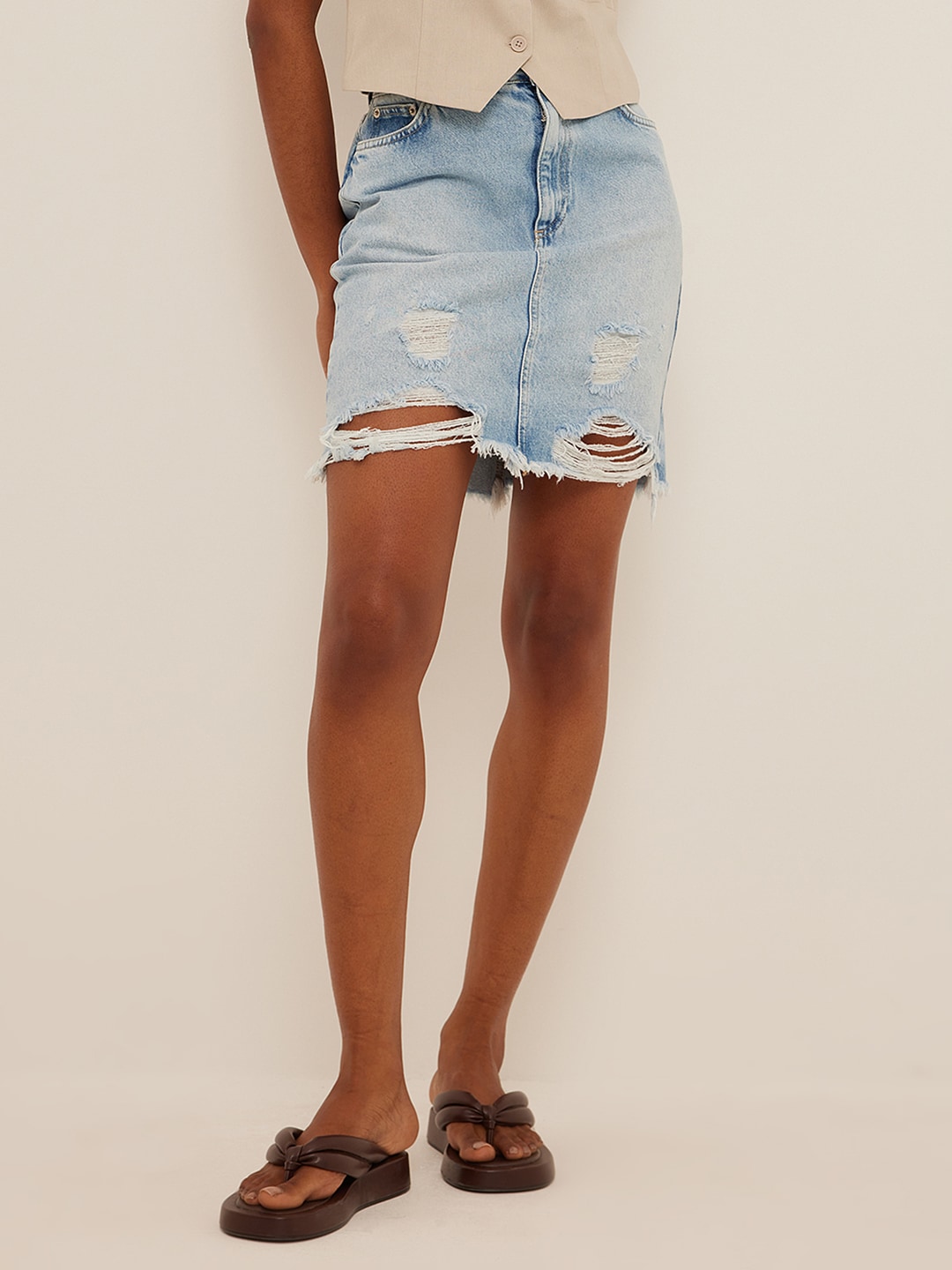 NA-KD Pure Cotton Distressed Denim Straight Skirt Price in India