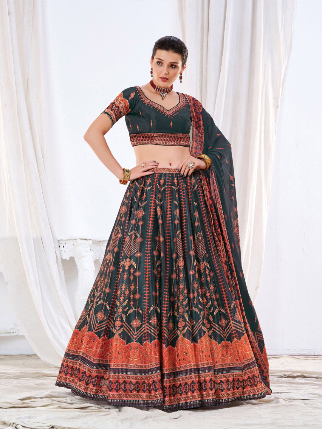 Angroop Green & Red Printed Semi-Stitched Lehenga & Unstitched Blouse With Dupatta Price in India