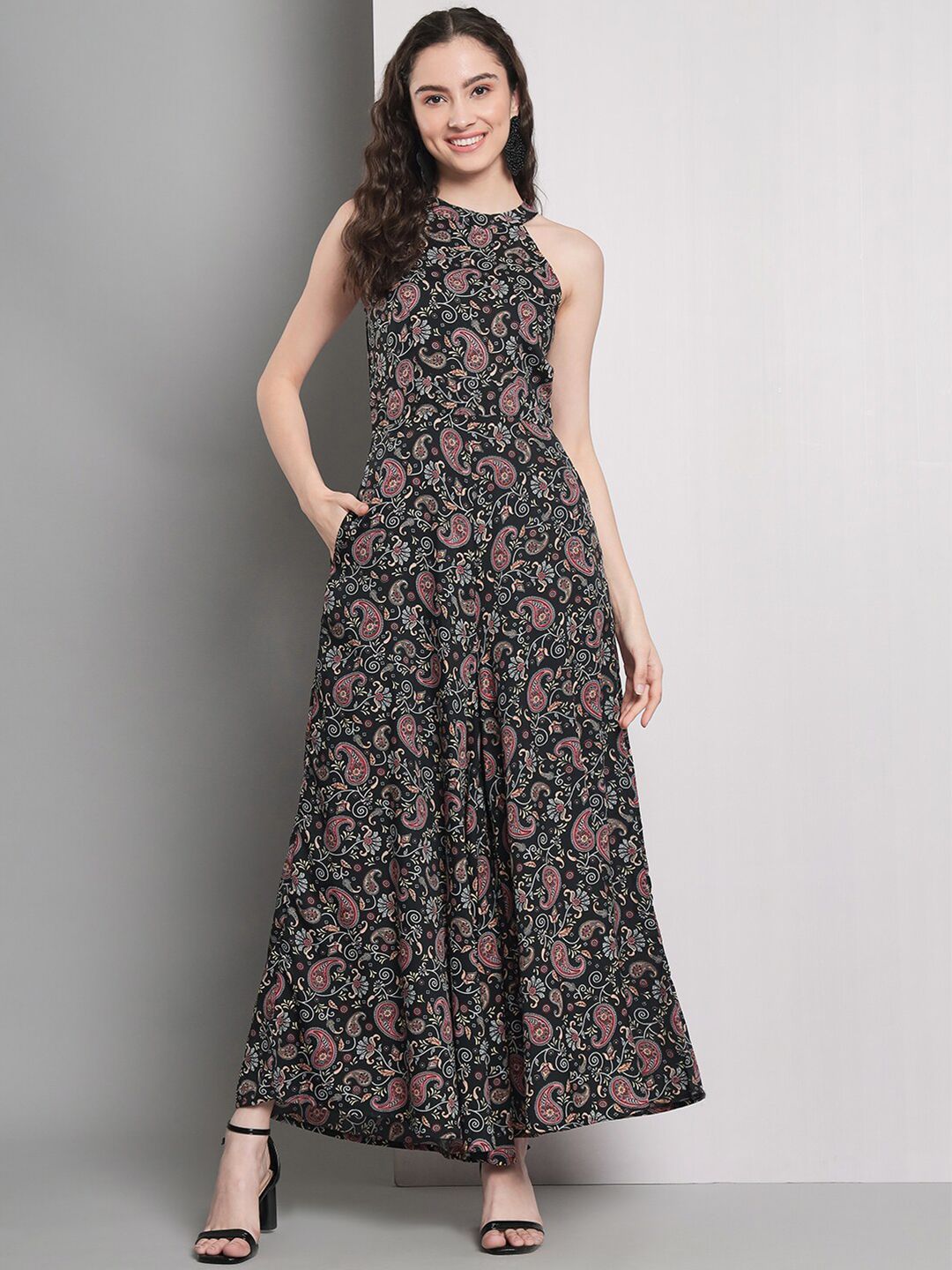 emeros Floral Printed Halter Neck Tie-up Back Flared Basic Jumpsuit Price in India
