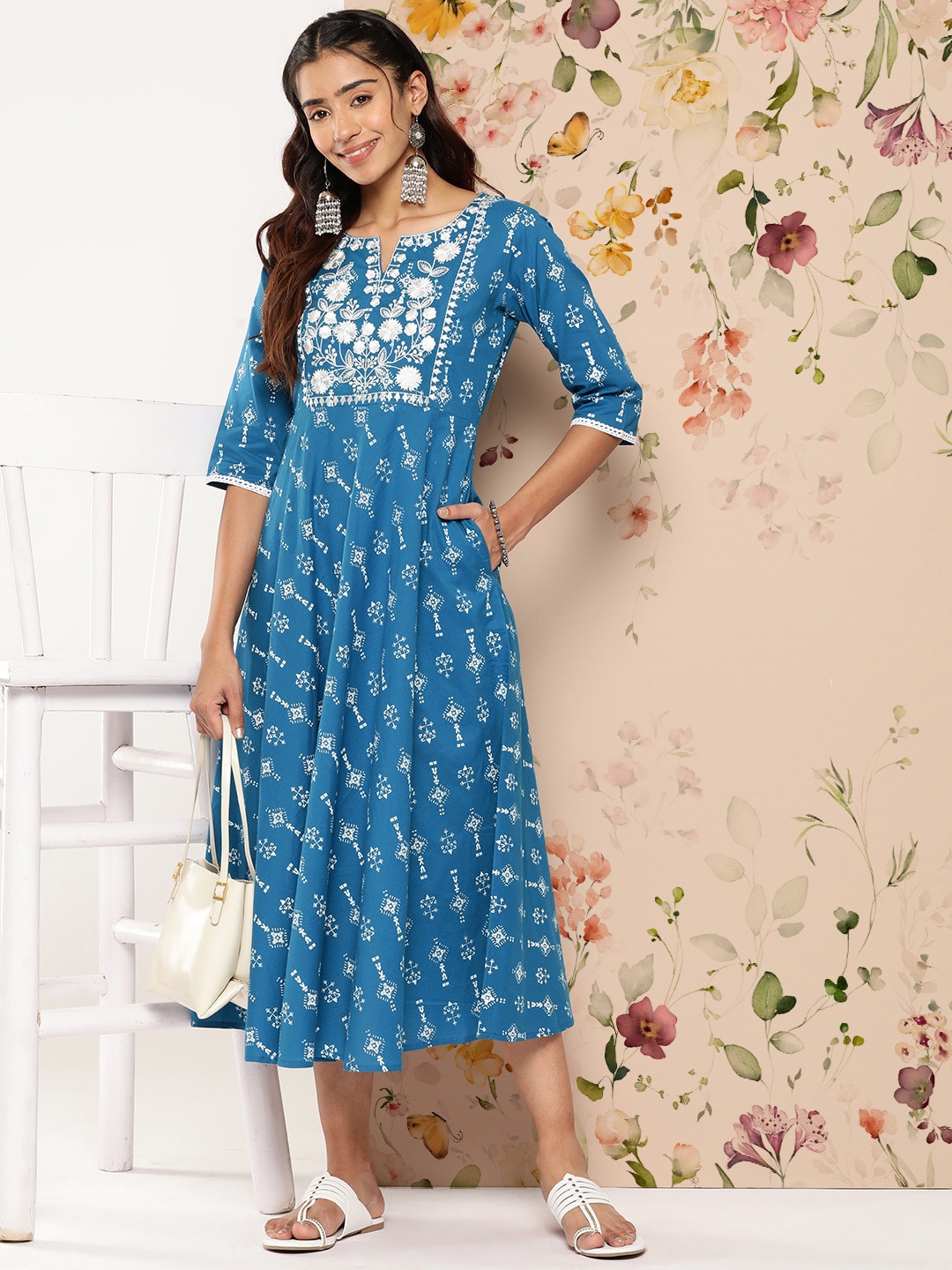 Libas Ethnic Motifs Print A-Line Cotton Midi Dress Price in India